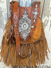 Load image into Gallery viewer, Sahara Moon Mandala Hand Tooled Leather Fringe Boho Bag – Tan-Apparel &amp; Accessories-Dreamtime Boho -Dreamtime Boho