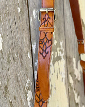 Load image into Gallery viewer, 
Close-up of adjustable detailed leather strap on Sahara tan boho leather crossbody bag