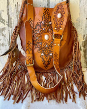 Load image into Gallery viewer, Main image of Sahara tan handcrafted boho leather fringe crossbody bag with mandala detailing and white feature stone