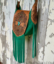 Load image into Gallery viewer, Side angle of Shakira emerald green suede fringe boho leather bag Dreamtime Boho
