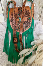 Load image into Gallery viewer, Front view of Shakira emerald green hand tooled leather fringe crossbody bag with turquoise stone by Dreamtime Boho