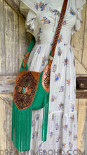 Load image into Gallery viewer, Shakira emerald green suede fringe leather boho bag handcrafted by Dreamtime Boho