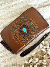 Load image into Gallery viewer, Sienna handcrafted leather boho wallet with turquoise stone and detailed mandala leatherwork By Dreamtime Boho Australia 