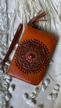 Load image into Gallery viewer, Sienna Soul Mandala hand tooled tan leather wallet with gemstone centrepiece and wristlet strap by Dreamtime Boho 