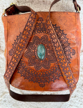 Load image into Gallery viewer, Soft leather mandala boho crossbody bag with detailed hand tooled adjustable strap and turquoise stone feature

