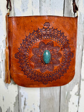 Load image into Gallery viewer, Soft genuine leather mandala crossbody bag with hand tooled boho design and oval turquoise stone centre, antique brown finish
