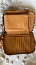 Load image into Gallery viewer, Tan leather boho purse wallet interior with multiple card slots and spacious storage compartments
