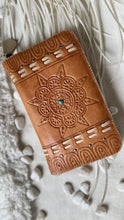 Load image into Gallery viewer, Tan hand tooled mandala leather boho wallet purse with turquoise stone detail by Dreamtime Boho Australia 