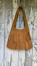 Load image into Gallery viewer, Tan genuine suede leather fringe shoulder bag with layered boho fringe detailing and soft slouchy silhouette by Dreamtime Boho Australia.