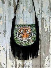 Load image into Gallery viewer, Hand Painted Tiger Fringe Leather Crossbody Boho Bag-Leather Crossbody Bag-Dreamtime Boho-Dreamtime Boho