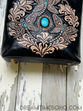 Load image into Gallery viewer, Turquoise gemstone and hand tooled dragonfly detailing on genuine black leather bag