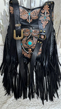 Load image into Gallery viewer,     Western fringe boho bag with turquoise gemstones, hand tooled dragonflies and adjustable leather straps.