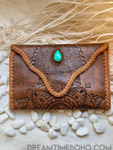 Load image into Gallery viewer, Turquoise Teardrop hand tooled leather boho wallet with mandala detailing and turquoise stone Shipping worldwide from Australia 