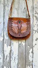 Load image into Gallery viewer, Vintage boho leather shoulder and crossbody bag with handcrafted detailing and turquoise feature stone