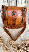 Load image into Gallery viewer, Vintage studded handcrafted leather crossbody and shoulder bag with turquoise stone detail