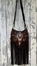 Load image into Gallery viewer, Western boho leather bag with buffalo design and long dark chocolate fringe
