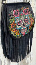 Load image into Gallery viewer, Western fringe leather shoulder bag featuring vibrant floral skull design and long black fringe