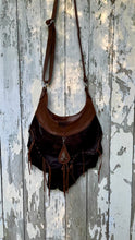 Load image into Gallery viewer, Western style leather crossbody bag with gemstone feature, layered leather panels and adjustable strap