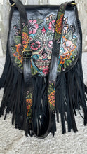Load image into Gallery viewer, Wild Fiesta hand painted leather boho bag with floral sugar skull, double fringe and detailed strap
