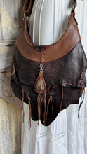 Load image into Gallery viewer, Wild Nomad genuine leather boho bag with gemstone feature, rustic patchwork leather and hand stitched detailing