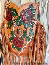 Load image into Gallery viewer, Hand Painted Wild Rose Fringe Leather Boho Bag with Feathers-Crossbody Bag-Dreamtime Boho-Dreamtime Boho