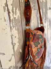 Load image into Gallery viewer, Hand Painted Wild Rose Fringe Leather Boho Bag with Feathers-Crossbody Bag-Dreamtime Boho-Dreamtime Boho