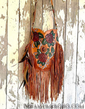 Load image into Gallery viewer, Hand Painted Wild Rose Fringe Leather Boho Bag with Feathers-Crossbody Bag-Dreamtime Boho-Dreamtime Boho