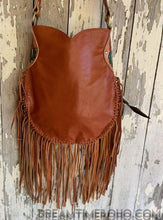 Load image into Gallery viewer, Hand Painted Wild Rose Fringe Leather Boho Bag with Feathers-Crossbody Bag-Dreamtime Boho-Dreamtime Boho
