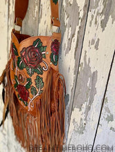 Load image into Gallery viewer, Hand Painted Wild Rose Fringe Leather Boho Bag with Feathers-Crossbody Bag-Dreamtime Boho-Dreamtime Boho