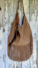 Load image into Gallery viewer, Wild Spirit taupe suede leather boho shoulder bag with long flowing fringe, decorative feathers and adjustable strap.
