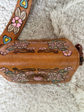 Load image into Gallery viewer, Bottom detail of Wildflower Dreamer hand tooled floral leather crossbody bag with painted flowers