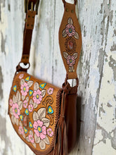 Load image into Gallery viewer, Hand tooled leather strap detail with floral carving and gemstone on Wildflower Dreamer boho crossbody bag