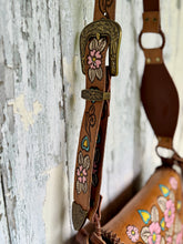 Load image into Gallery viewer, Tooled leather strap with engraved buckle on Wildflower Dreamer boho crossbody bag
