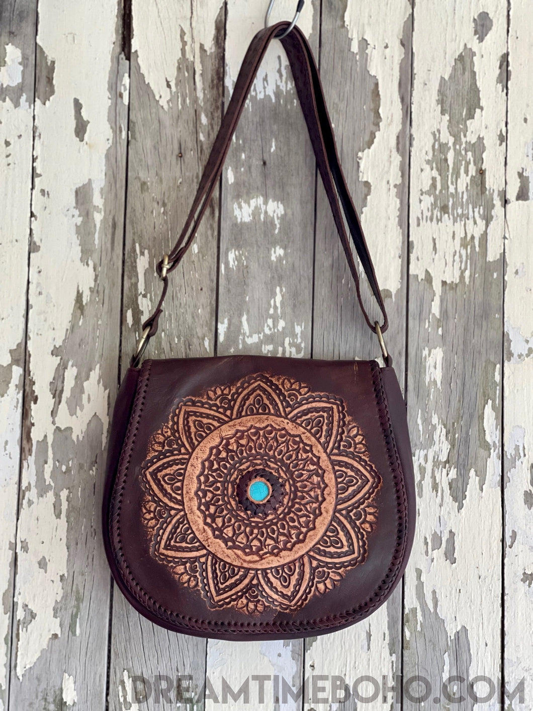 Mandala Cross Body Leather Boho Bag-Crossbody-Dreamtime Boho-Burgundy Brown-Dreamtime Boho