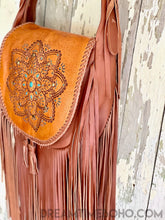 Load image into Gallery viewer, Hand Tooled Mandala Tan Cross Body Leather Fringed Boho Bag-Boho Fringe Bag-Dreamtime Boho -Dreamtime Boho