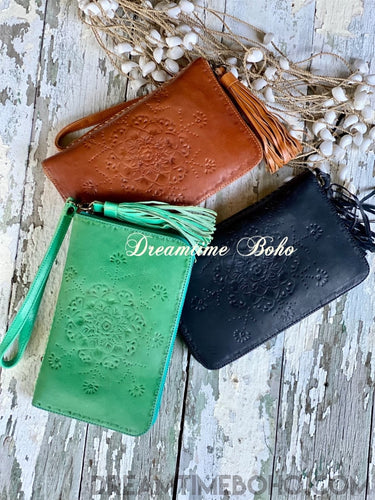 Hand Tooled Mandala Leather Boho Wallet Purse-Apparel & Accessories-Dreamtime Boho-Jade-Dreamtime Boho