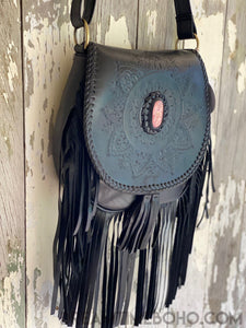 Hand Tooled Mandala Fringed Leather Crossbody Boho Bag-Boho Fringe Bag-Dreamtime Boho-Antique Brown-Dreamtime Boho