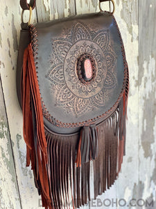 Hand Tooled Mandala Fringed Leather Crossbody Boho Bag-Boho Fringe Bag-Dreamtime Boho-Antique Brown-Dreamtime Boho