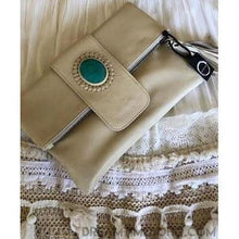 Load image into Gallery viewer, Leather Boho Crossbody Bag Clutch with Turquoise Stone-Clutch/Purse-Dreamtime Boho-Natural-Dreamtime Boho