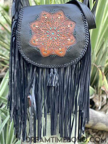 Hand Tooled Black Mandala Leather Fringed Boho Bag-Handbags-Dreamtime Boho-Dreamtime Boho