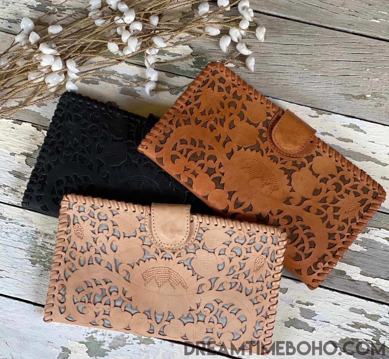 Hand Tooled Leather Lotus Boho Clutch Purse Wallet – Dreamtime Boho