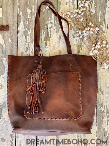 Large Leather Tote Bag Lakisha Boho Bag-Tote Bags-Dreamtime Boho -Antique Brown-Dreamtime Boho