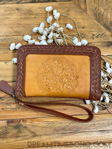 Keep It Gypsy Trifold Gold Distressed Hand Tooled Wallet Wristlet
