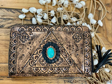 Load image into Gallery viewer, Liberty Large Hand Tooled Leather Boho Wallet Purse with Turquoise Stone feature-Leather Boho Wallet-Dreamtime Boho-Dreamtime Boho