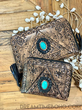 Load image into Gallery viewer, Liberty Large Hand Tooled Leather Boho Wallet Purse with Turquoise Stone feature-Leather Boho Wallet-Dreamtime Boho-Dreamtime Boho