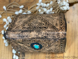 Liberty Large Hand Tooled Leather Boho Wallet Purse with Turquoise Stone feature-Leather Boho Wallet-Dreamtime Boho-Dreamtime Boho