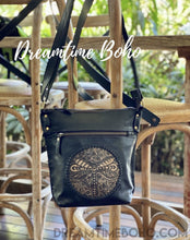 Load image into Gallery viewer, Black leather Dragonfly boho crossbody bag showing hand tooled front design and adjustable strap-Dreamtime Boho