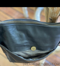 Load image into Gallery viewer, Large rear magnetic pocket on black Dragonfly leather crossbody boho bag