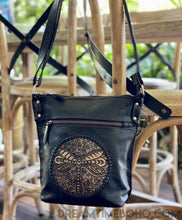 Load image into Gallery viewer, Hand tooled Dragonfly black leather crossbody boho bag with artisan leather detailing Dreamtime Boho 