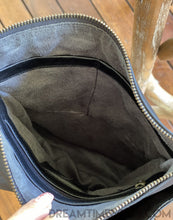 Load image into Gallery viewer, Fully lined interior of black Dragonfly leather crossbody bag with spacious main compartment